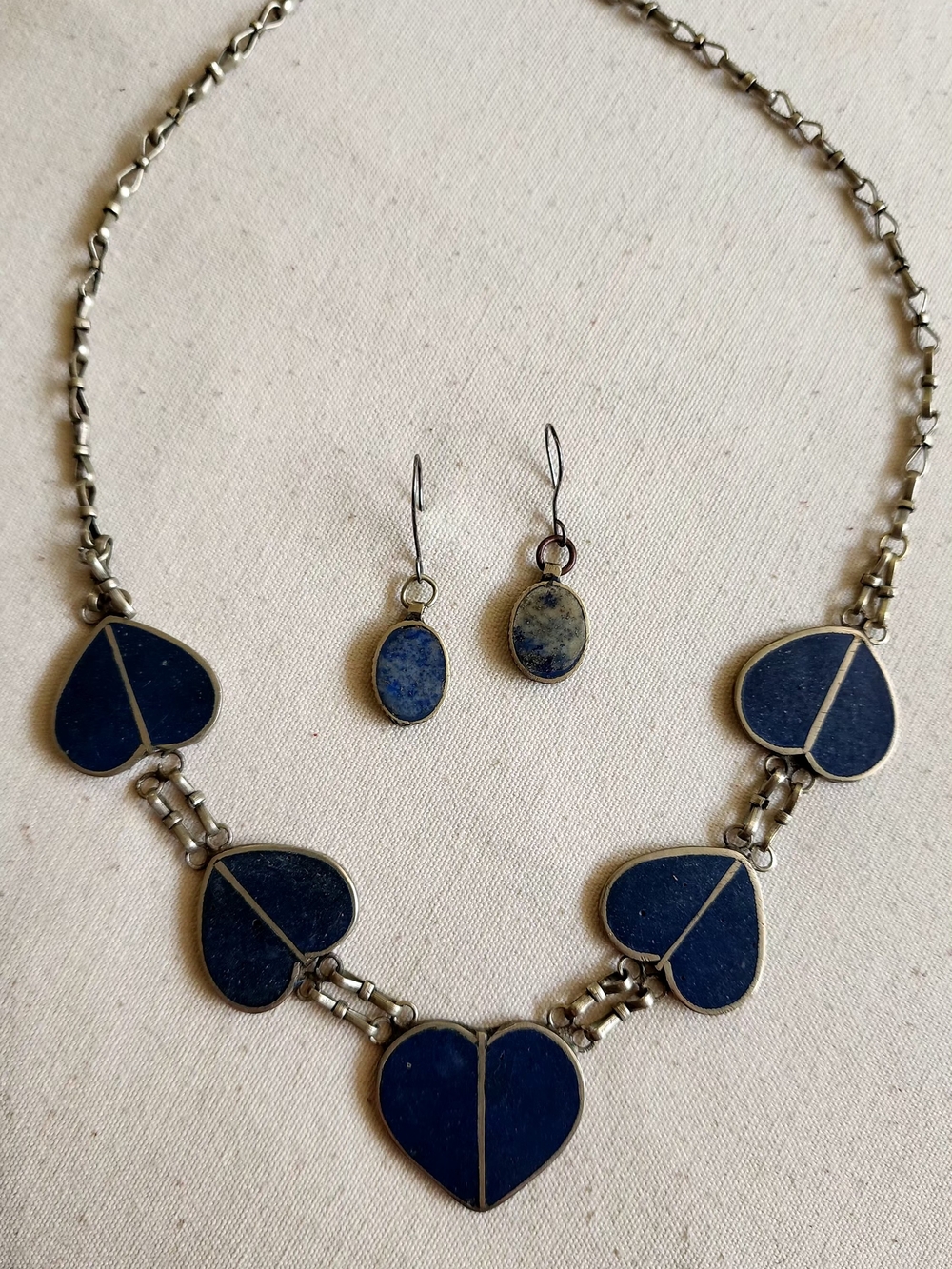 Artisanal Silver-Tone Lapis Lazuli Heart Link Necklace and Earrings Set